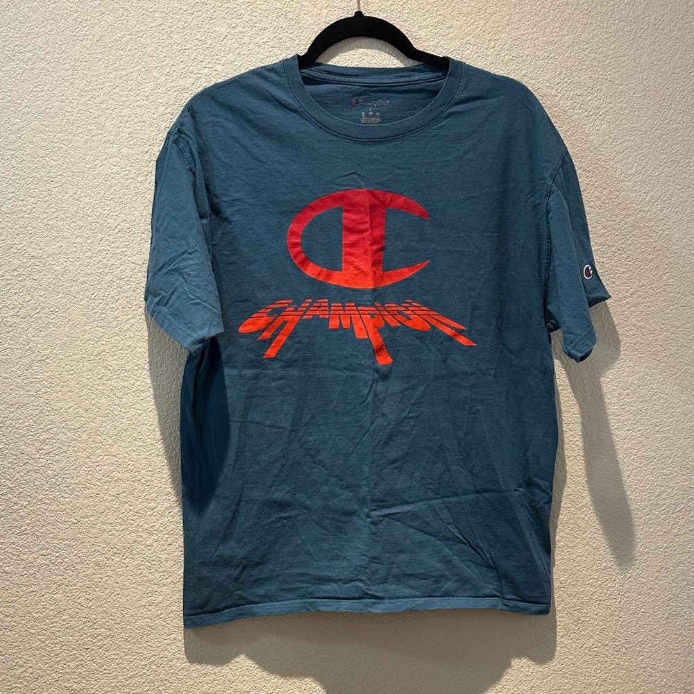 Champion Men’s Teal Crew Tee with Red Logo Graphic Size Large